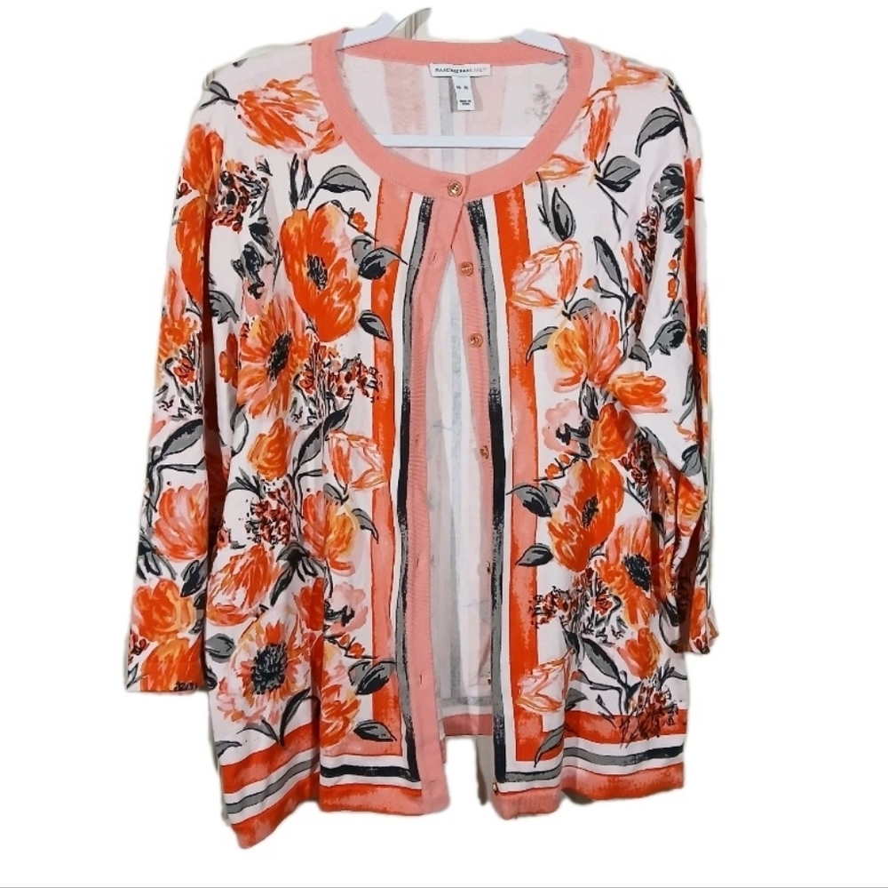 Isaac Mizrahi Orange White Floral Button Cardigan XL